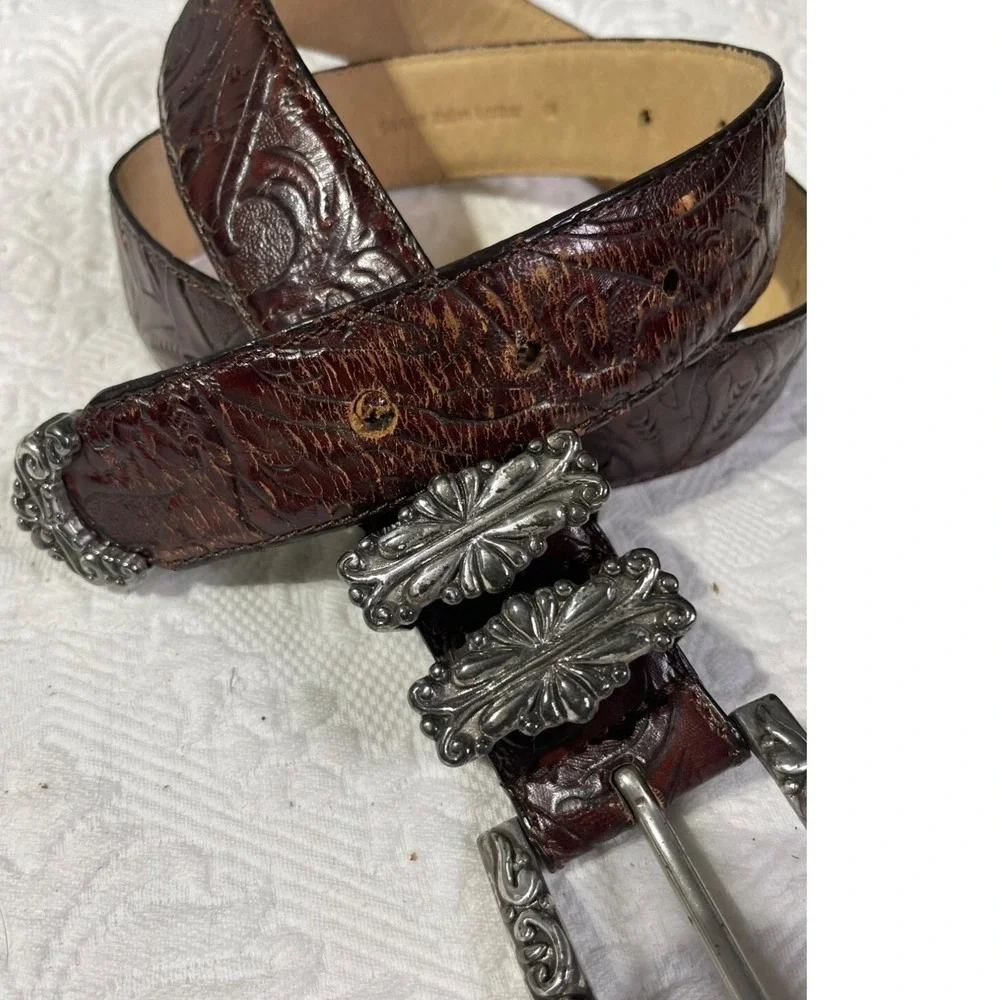 Brighton Vintage 1997 Western Tooled Leather‎ Belt Silver Floral Buckle Brown 30